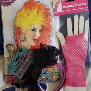 80's set - Wig, 80's headband & Fishnet Gloves
